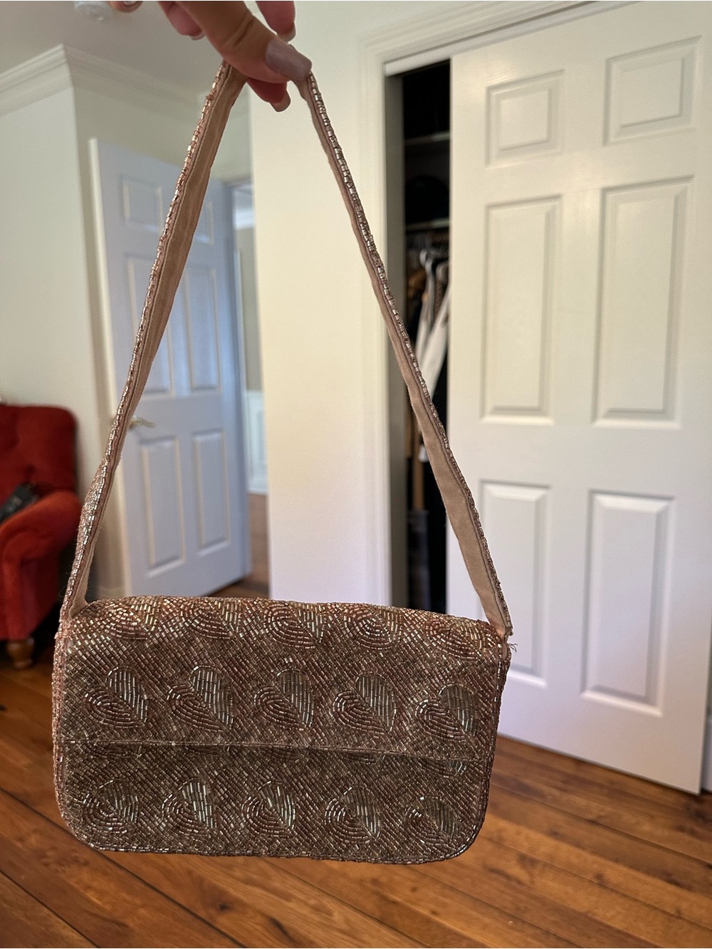 Anthropologie Rose Gold Beaded Shoulder Bag